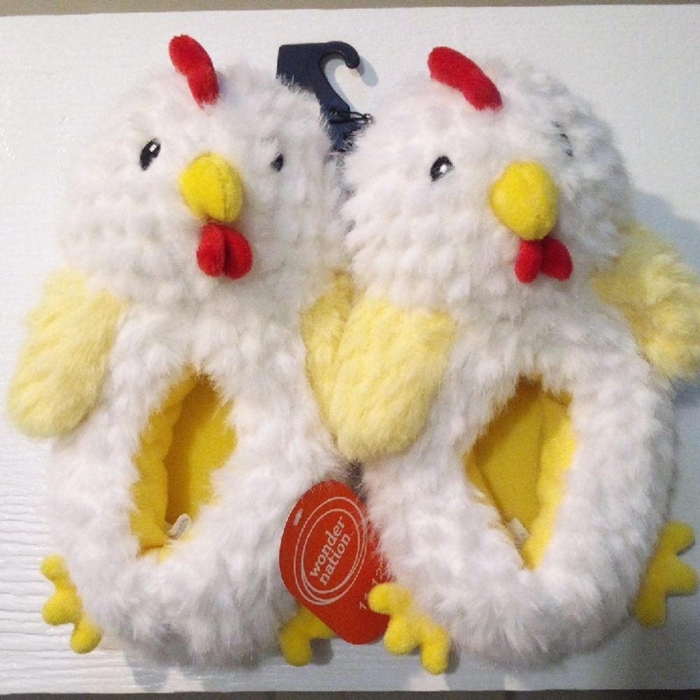 Wonder Nation Kids Fluffy Chicken Slippers - White and Yellow